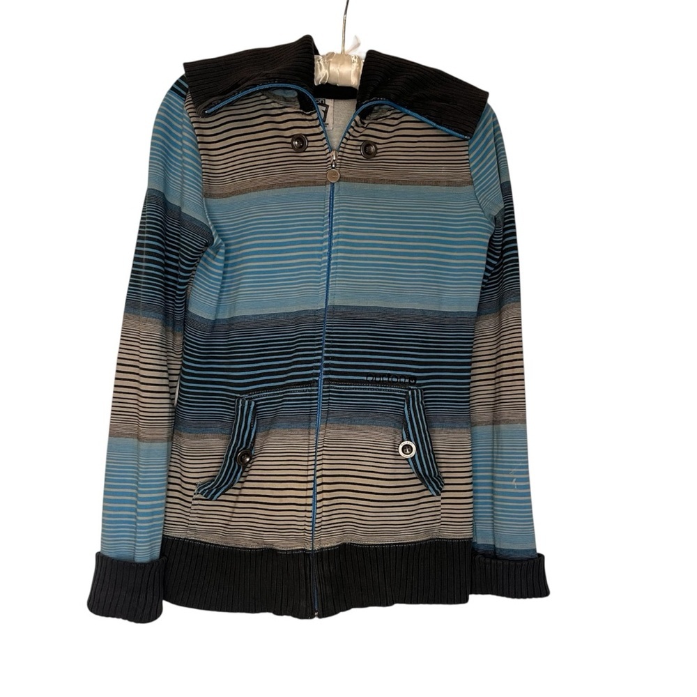 Burton Striped Zip-Up Cotton Jacket Small Blue Beige Brown Logo Button Pocket